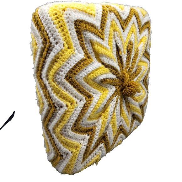 Vtg Crochet Square Granny Throw Pillow Yellow White Yarn Ruffled Handmade - Picture 2 of 11